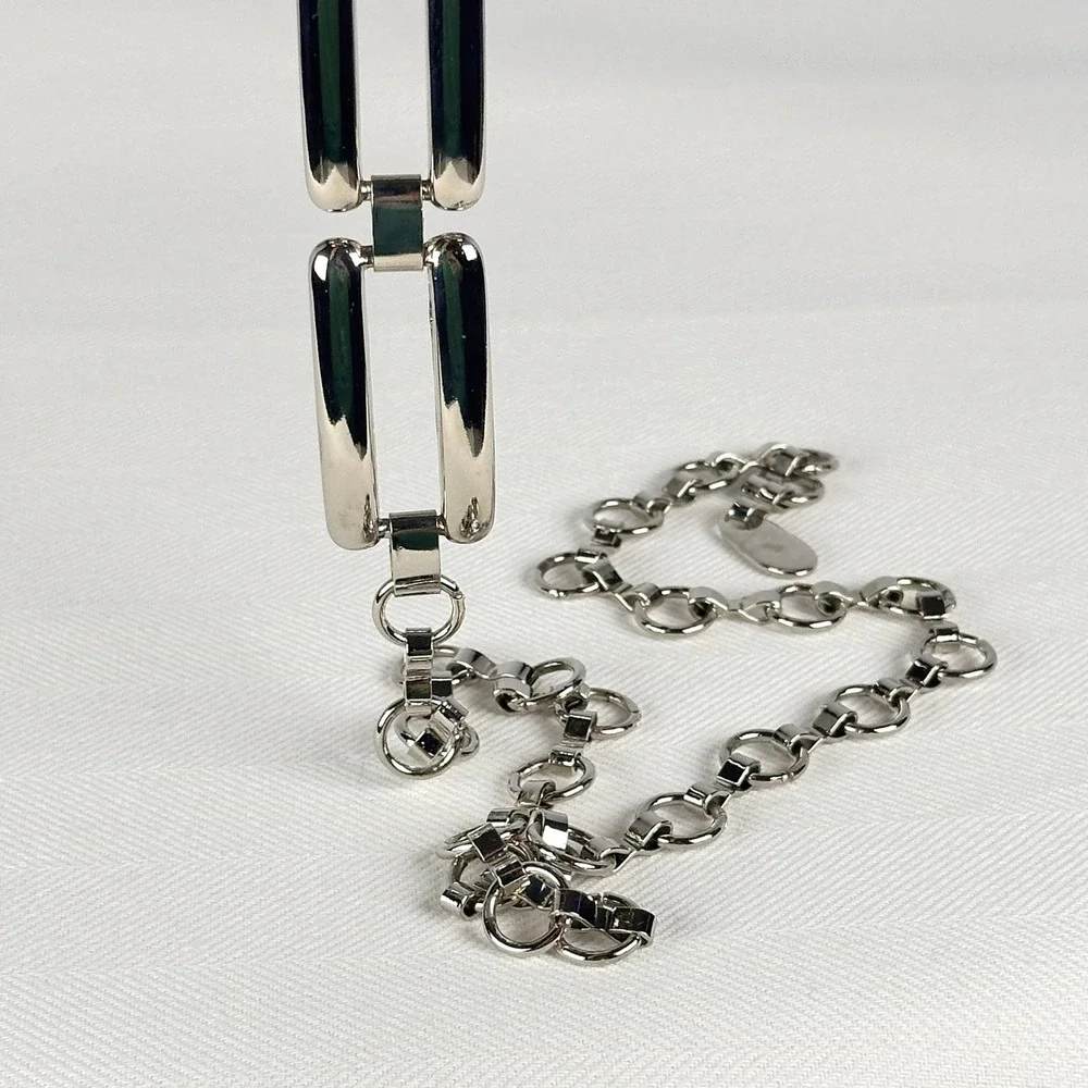 90s Italian Soho Design Silver‎ Metal Chain Belt Made in Italy Rectangular Links